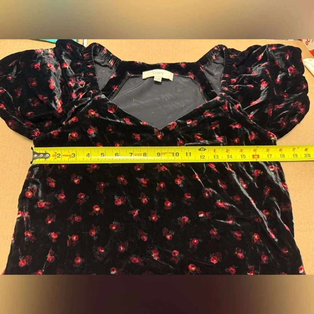LOFT Velvet Top with Red Floral Design Puff Sleeve Vamp Fairy Grunge Whimsigoth